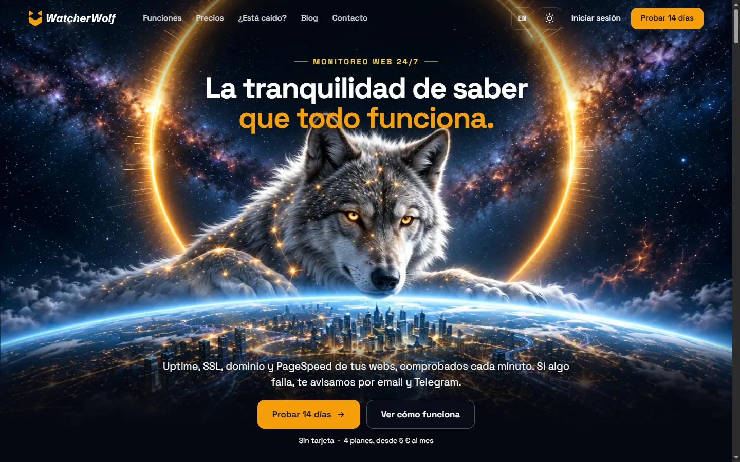 Portada de WatcherWolf con el panel que muestra el uptime, el certificado SSL, el PageSpeed y la caducidad del dominio de cada web